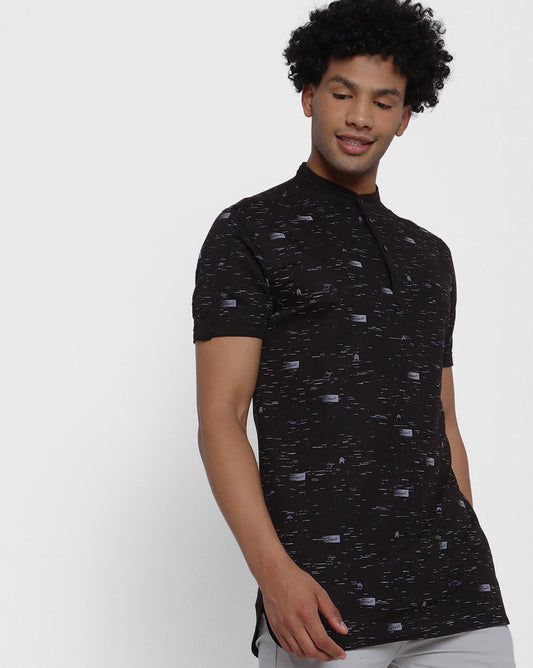 Printed Knit Casual Kurta-Black