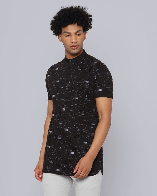 Printed Knit Casual Kurta-Black