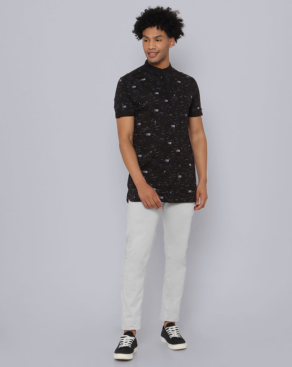 Printed Knit Casual Kurta-Black