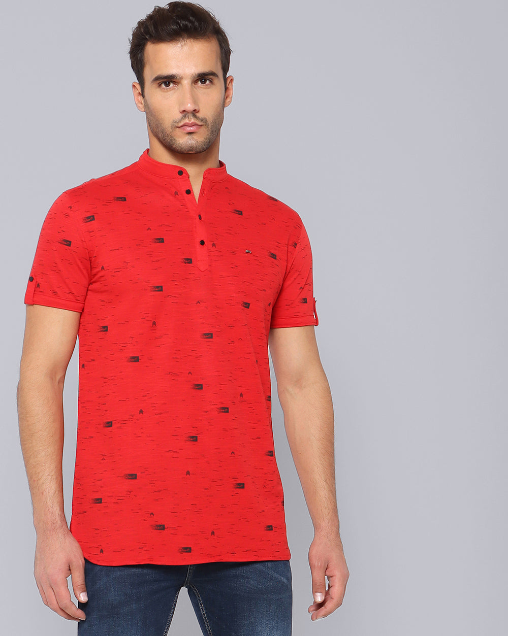 Printed Knit Casual Kurta-Red