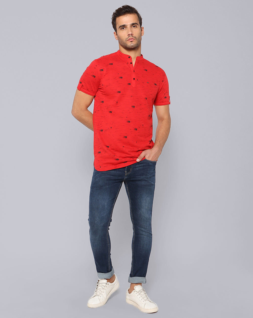 Printed Knit Casual Kurta-Red