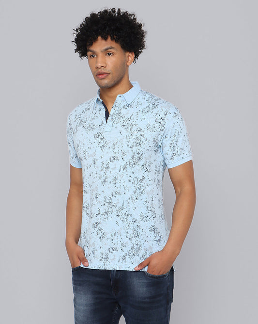 Printed Polo T-Shirt-Sky Blue