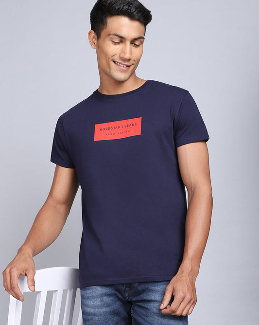 Crew Neck Printed T-Shirt-Cobalt Blue