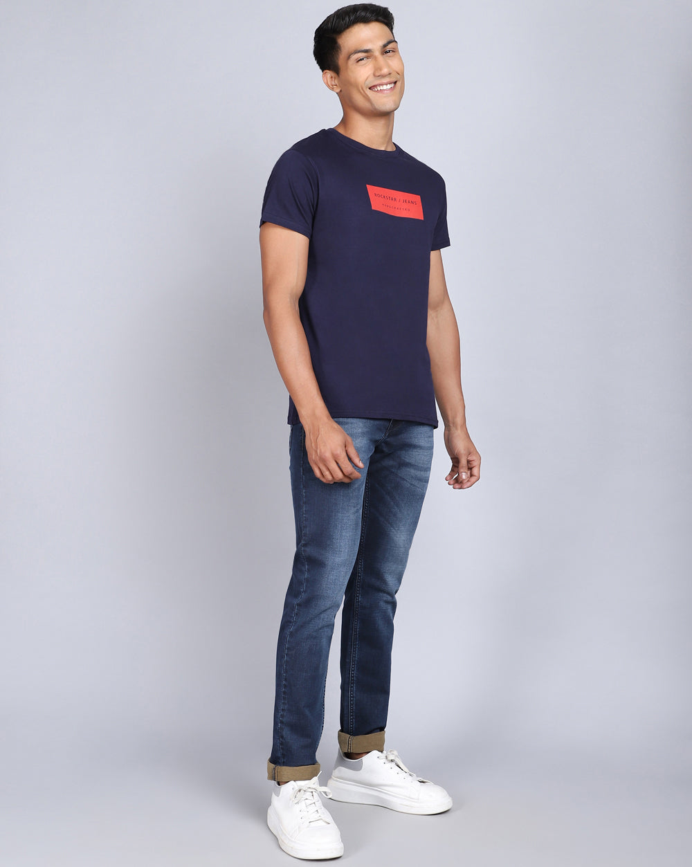 Crew Neck Printed T-Shirt-Cobalt Blue