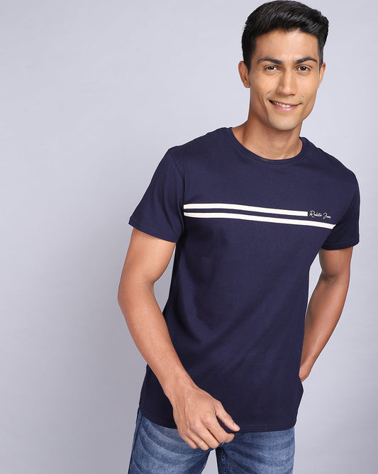 Crew Neck Printed T-Shirt-Deep Blue