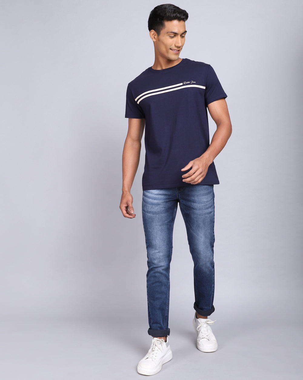 Crew Neck Printed T-Shirt-Deep Blue