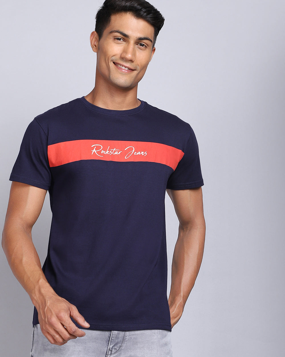 Crew Neck Printed T-Shirt-Dark blue