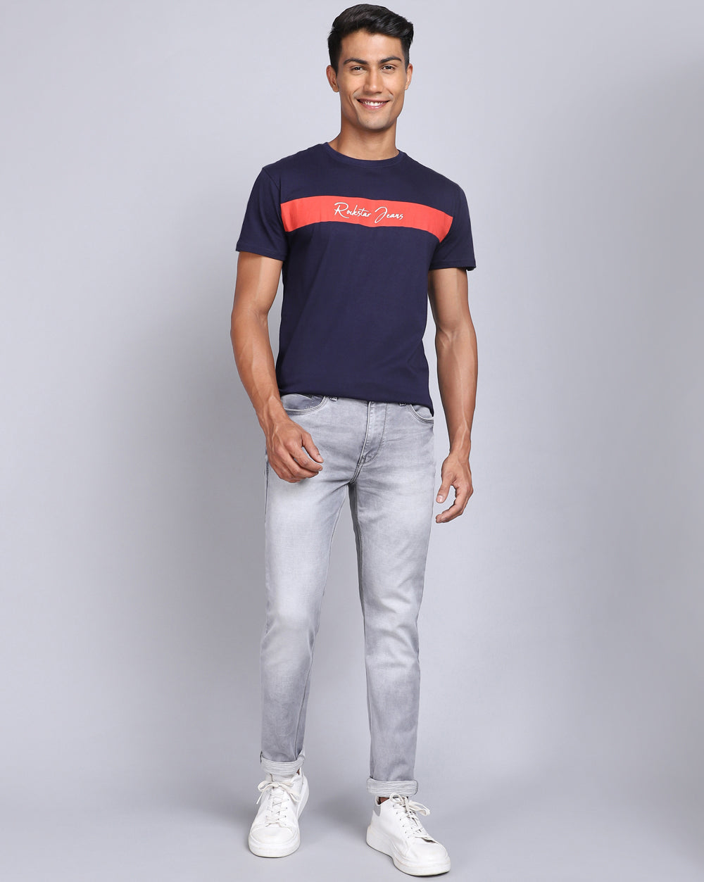 Crew Neck Printed T-Shirt-Dark blue