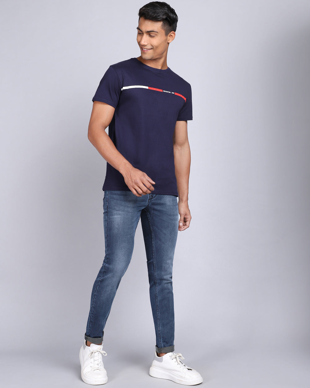 Crew Neck Printed T-Shirt-Raw Blue