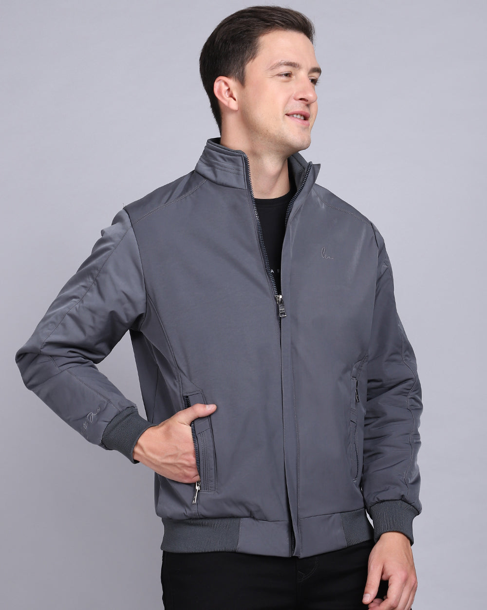 Solid High Neck Jacket-Charcoal