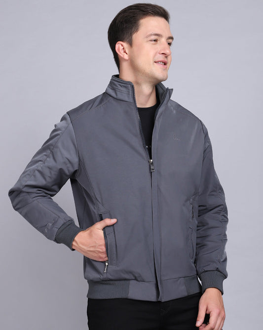 Solid High Neck Jacket-Charcoal