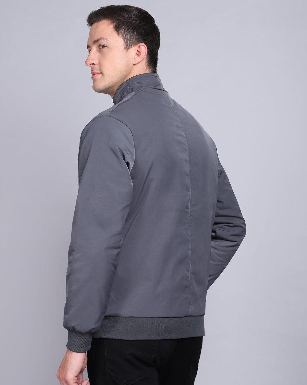 Solid High Neck Jacket-Charcoal