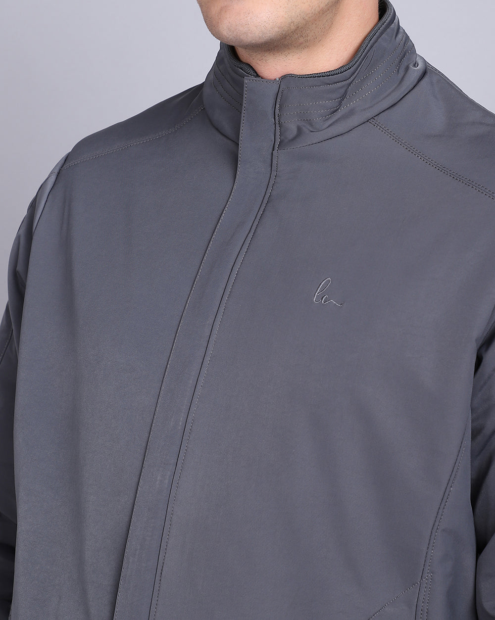 Solid High Neck Jacket-Charcoal