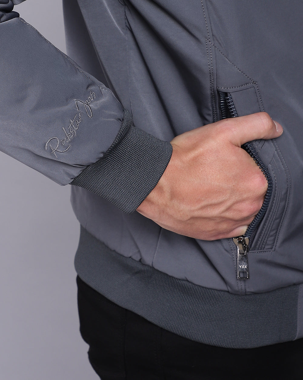 Solid High Neck Jacket-Charcoal