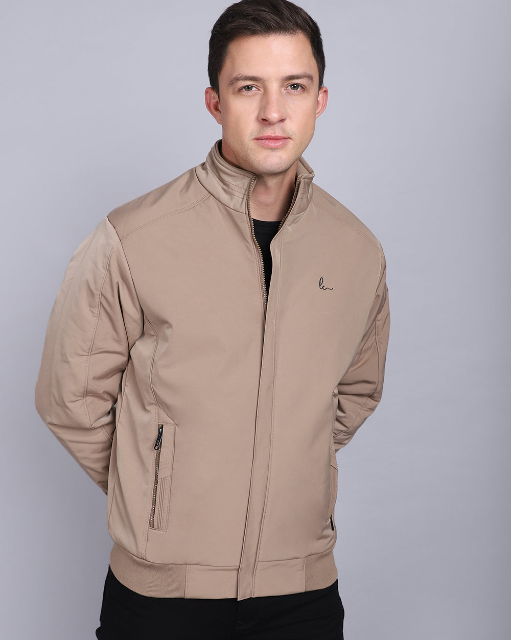 Solid High Neck Jacket-Light  Brown
