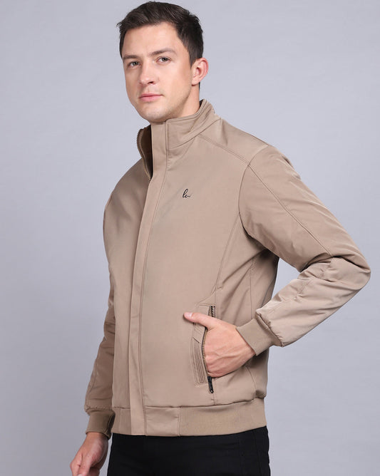 Solid High Neck Jacket-Light  Brown