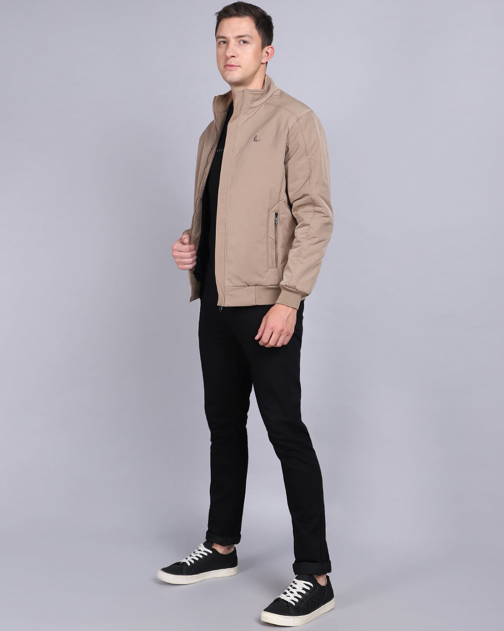 Solid High Neck Jacket-Light  Brown