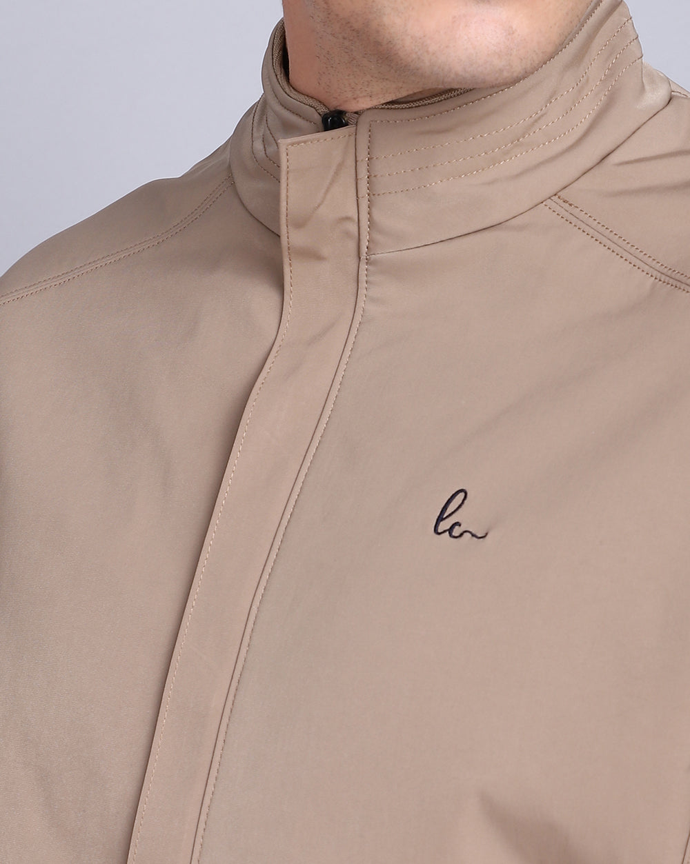 Solid High Neck Jacket-Light  Brown