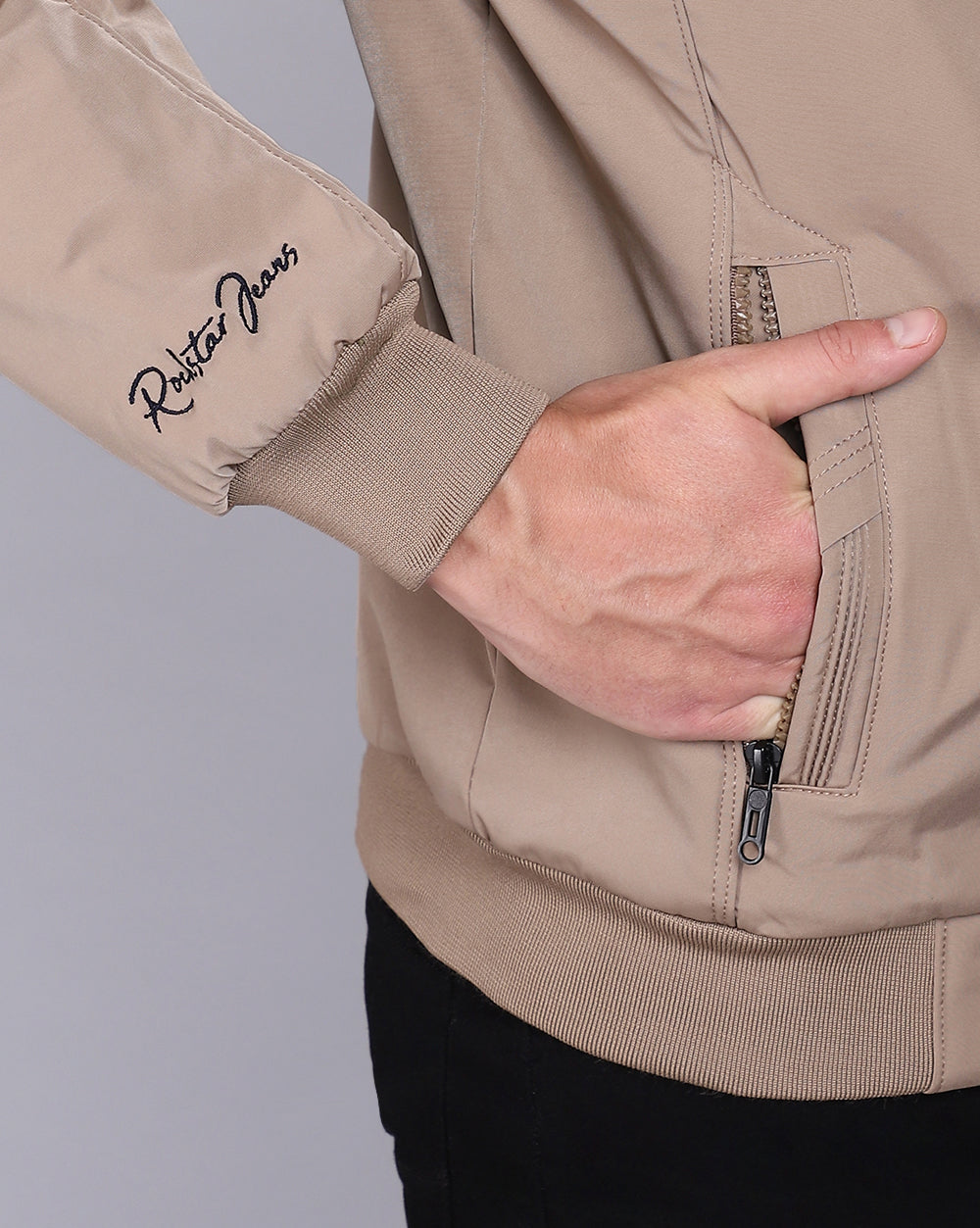 Solid High Neck Jacket-Light  Brown