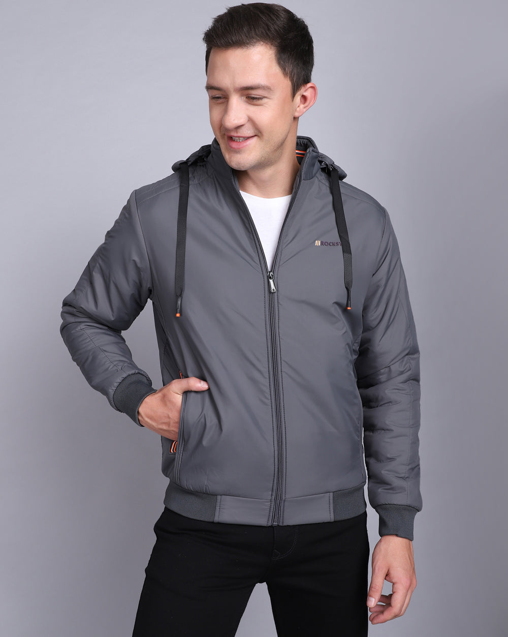 Solid Hooded Jacket-Grey