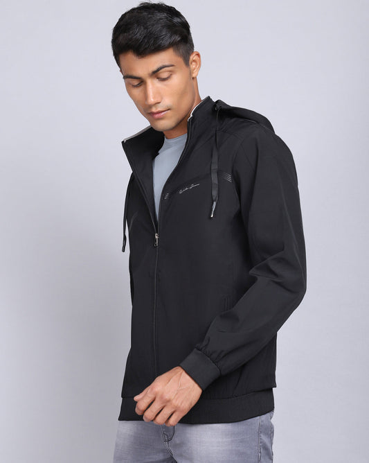 Solid Hooded Wind-Cheater-Black