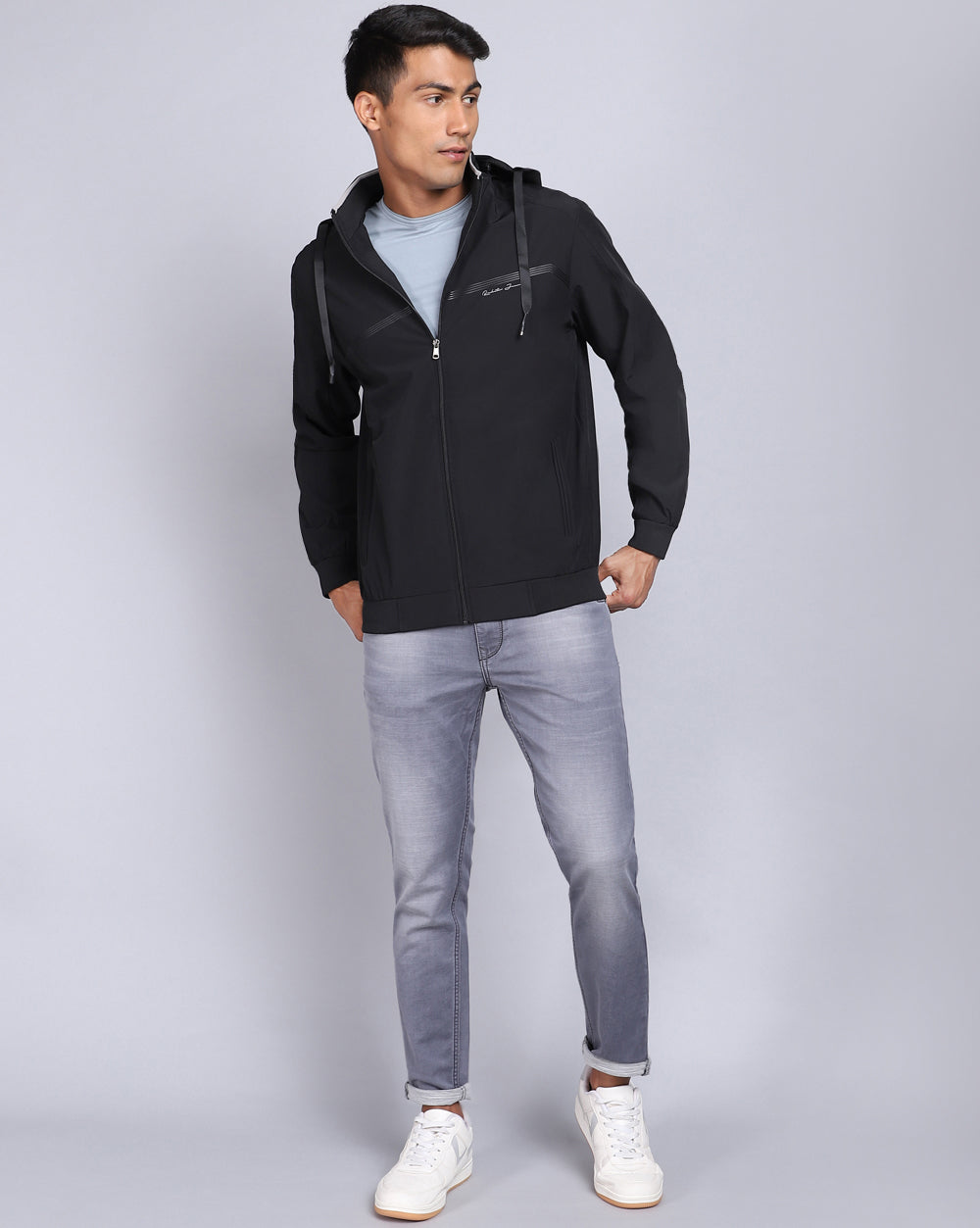 Solid Hooded Wind-Cheater-Black