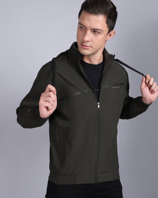 Solid Hooded Wind-Cheater-Olive