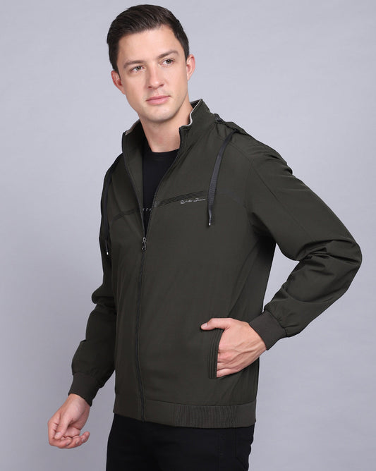 Solid Hooded Wind-Cheater-Olive