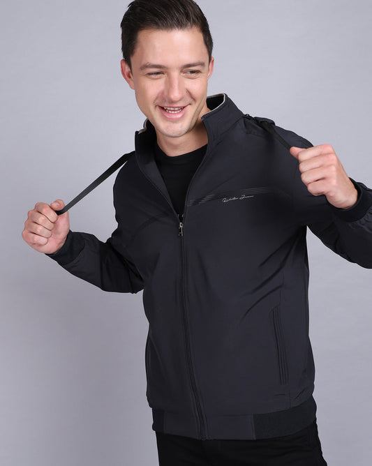 Solid Hooded Wind-Cheater-Navy