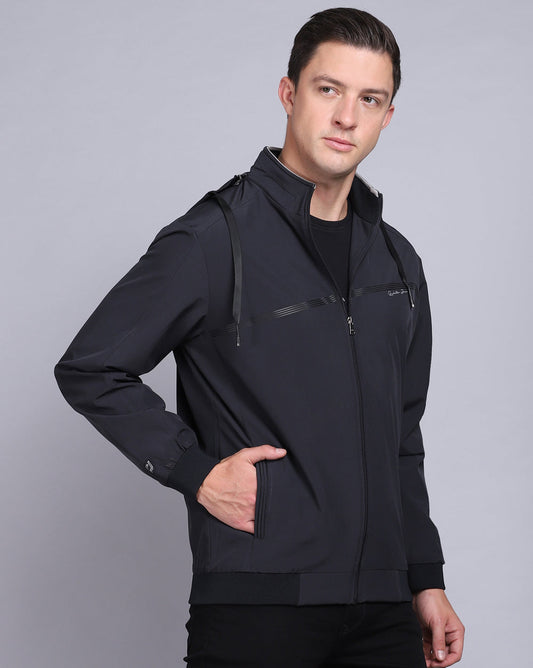 Solid Hooded Wind-Cheater-Navy