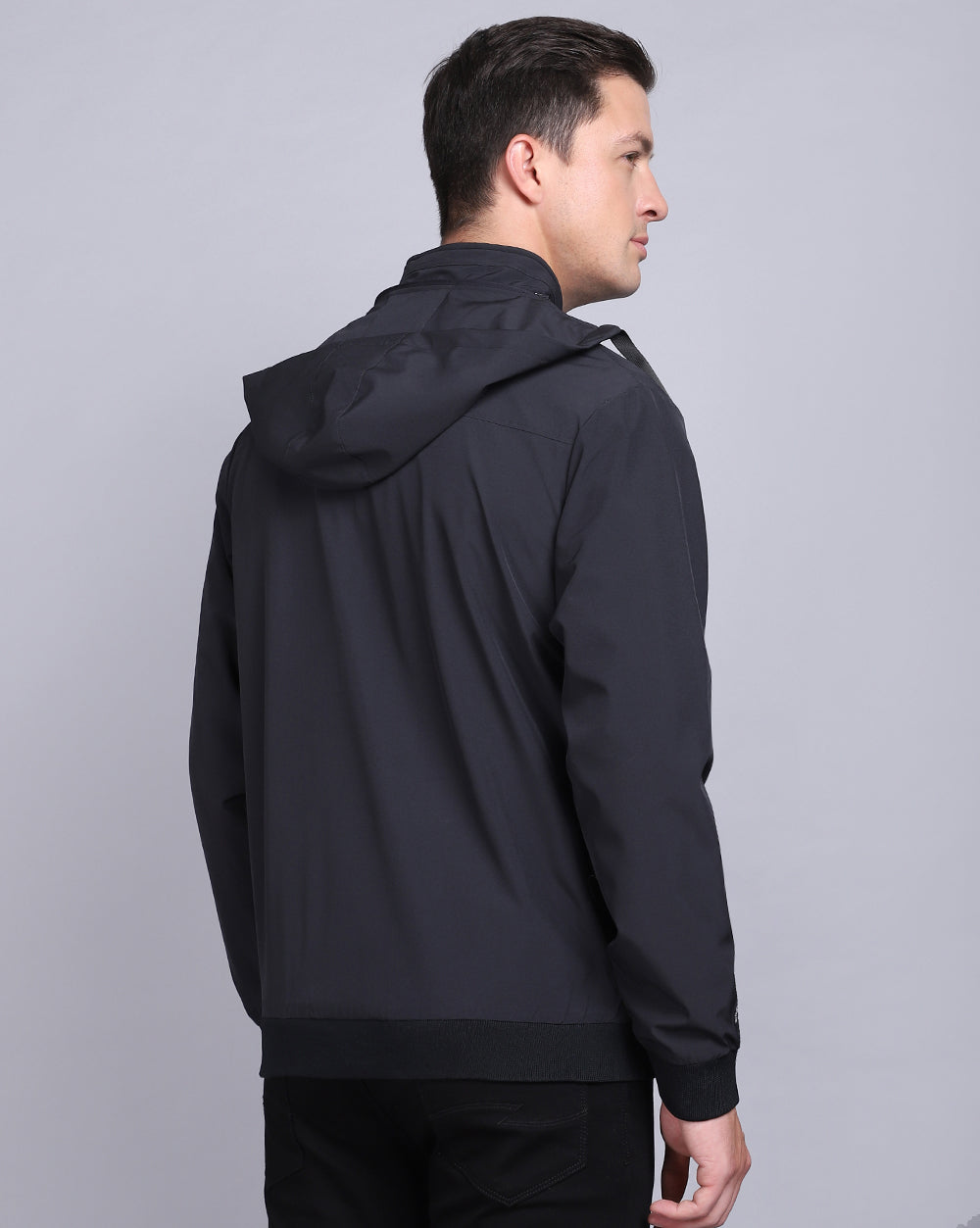 Solid Hooded Wind-Cheater-Navy