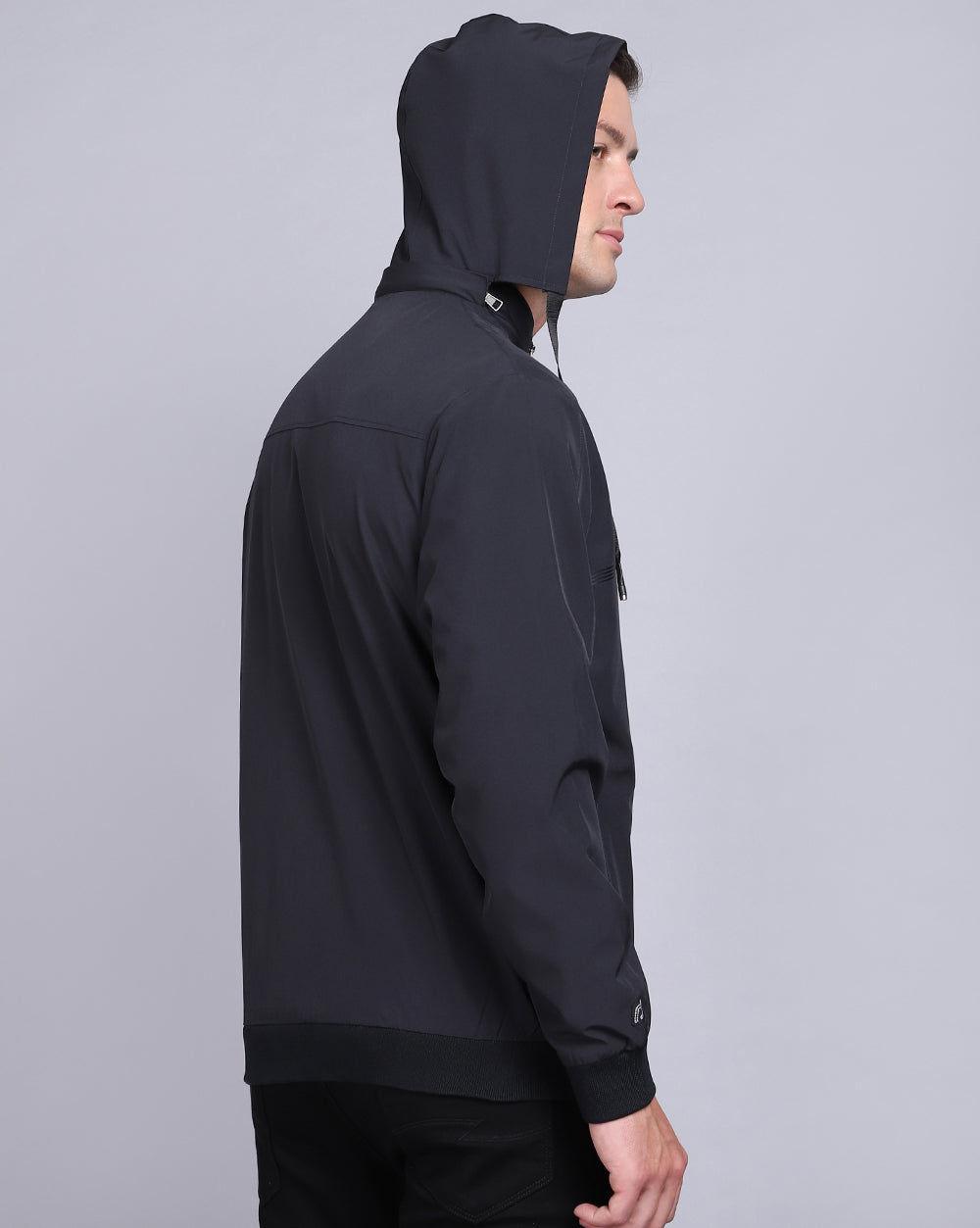 Solid Hooded Wind-Cheater-Navy