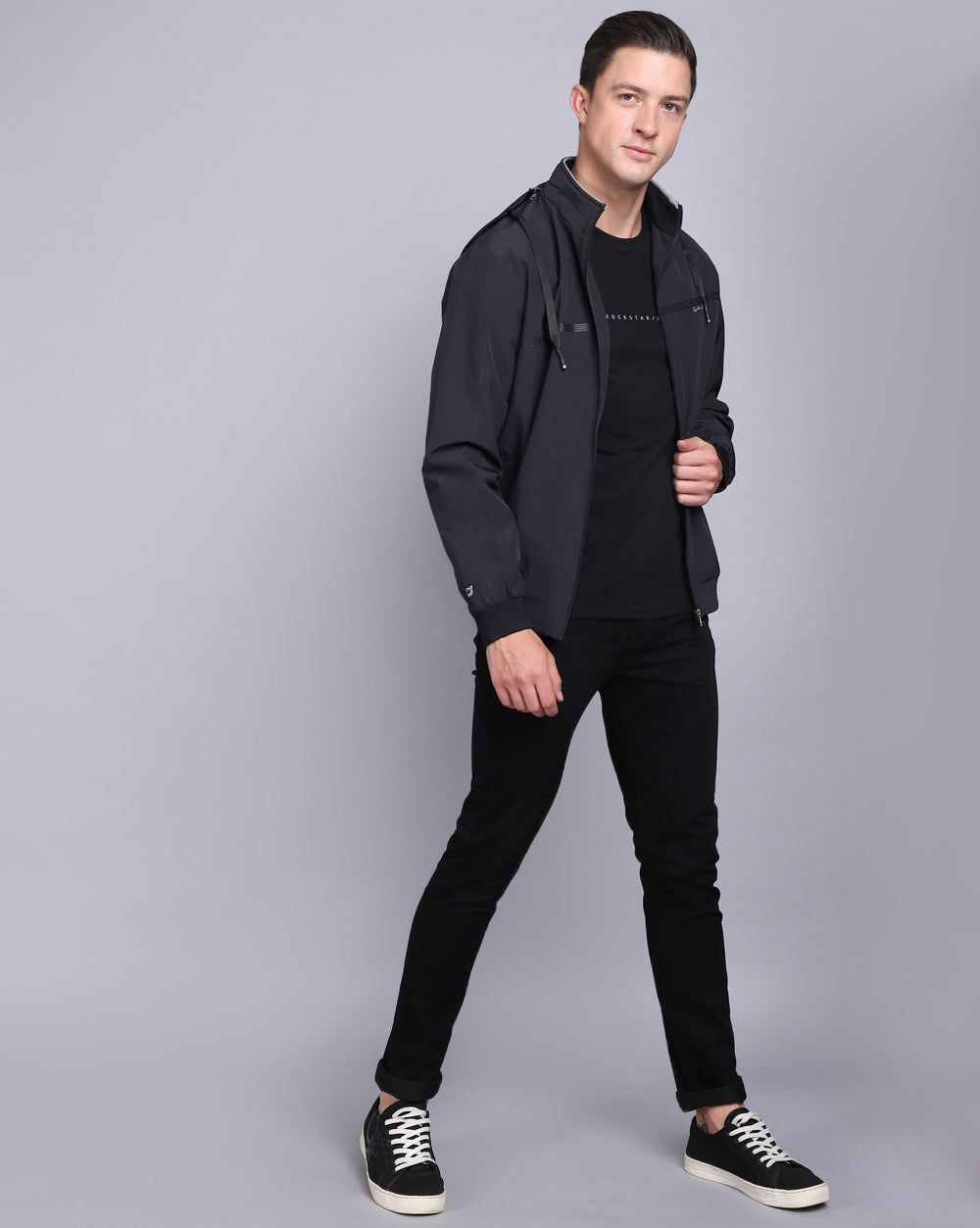 Solid Hooded Wind-Cheater-Navy