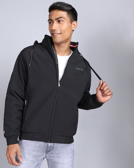 Solid Hooded Jacket-Coal Black