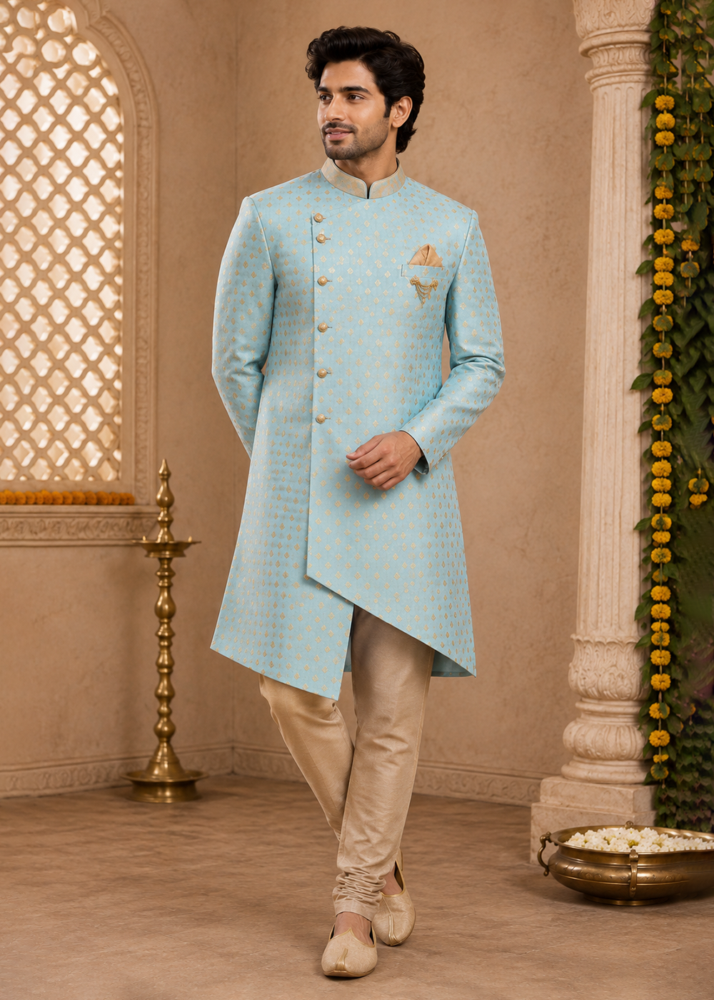 Rama Blue Gold Print Uvvam Kurta