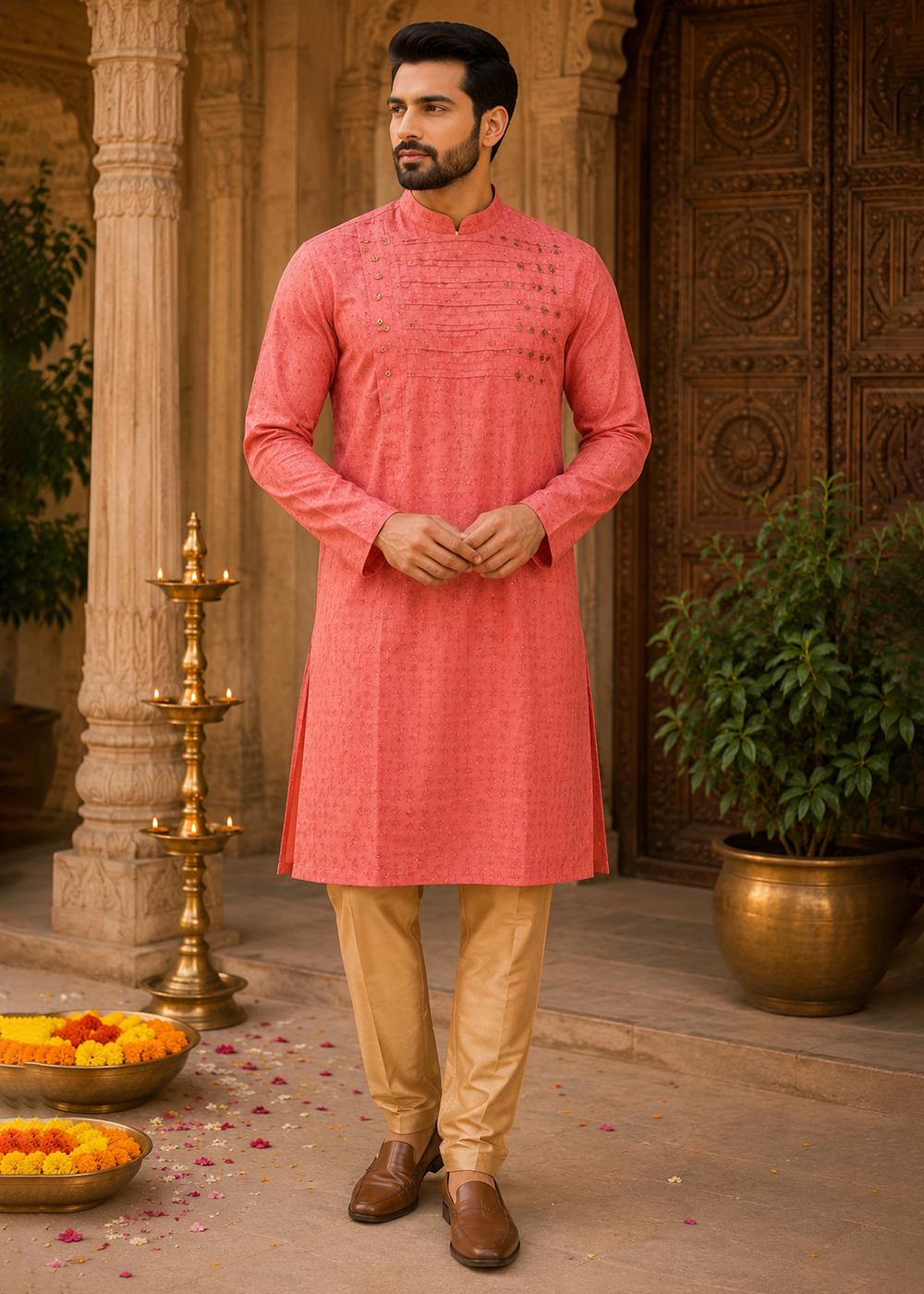 Red Revolve Kurta with Golden bottom