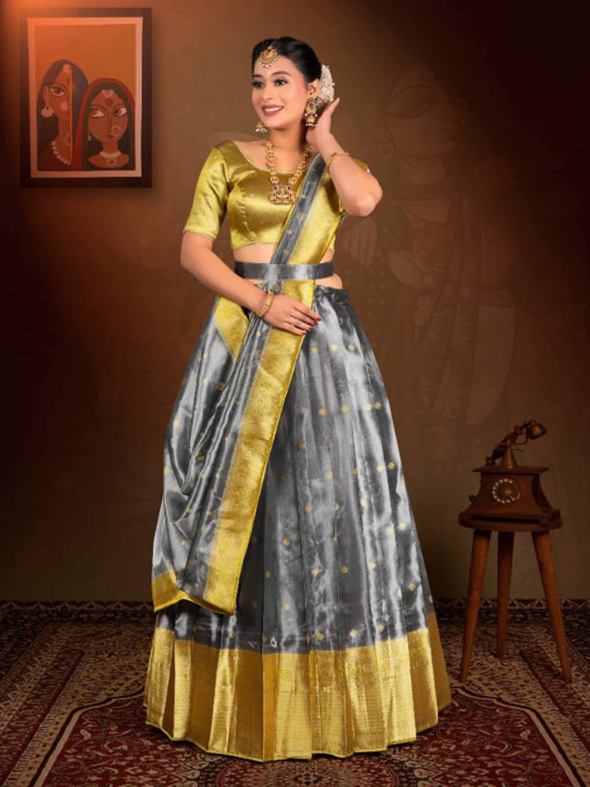 Silver Liril Tissue Lehenga for Women
