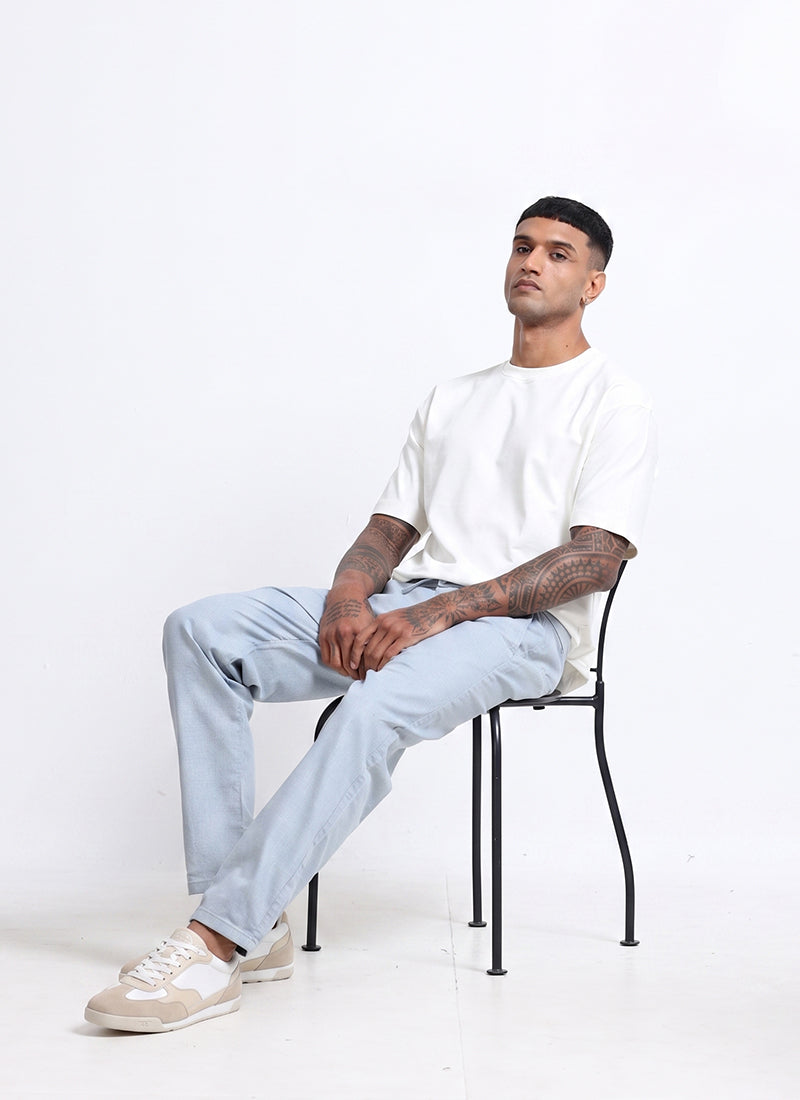 BREEZY LINEN Regular Fit Drawstring Trousers Light Blue
