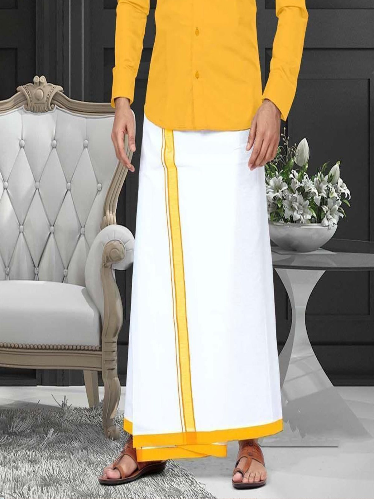 Men Dhoti  Single Layer-Yellow