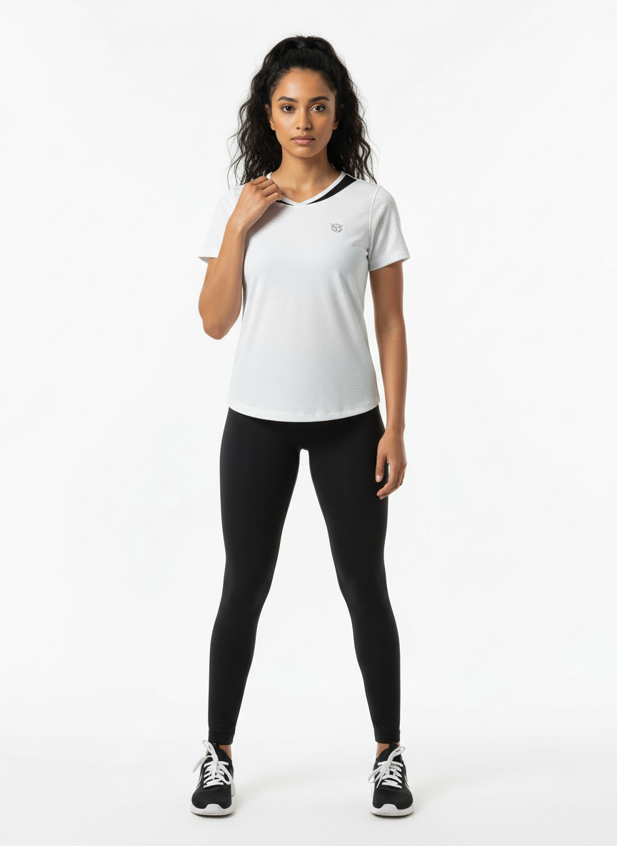Women’s White Textured Athletic Short Sleeve Top – Black Trim Detail