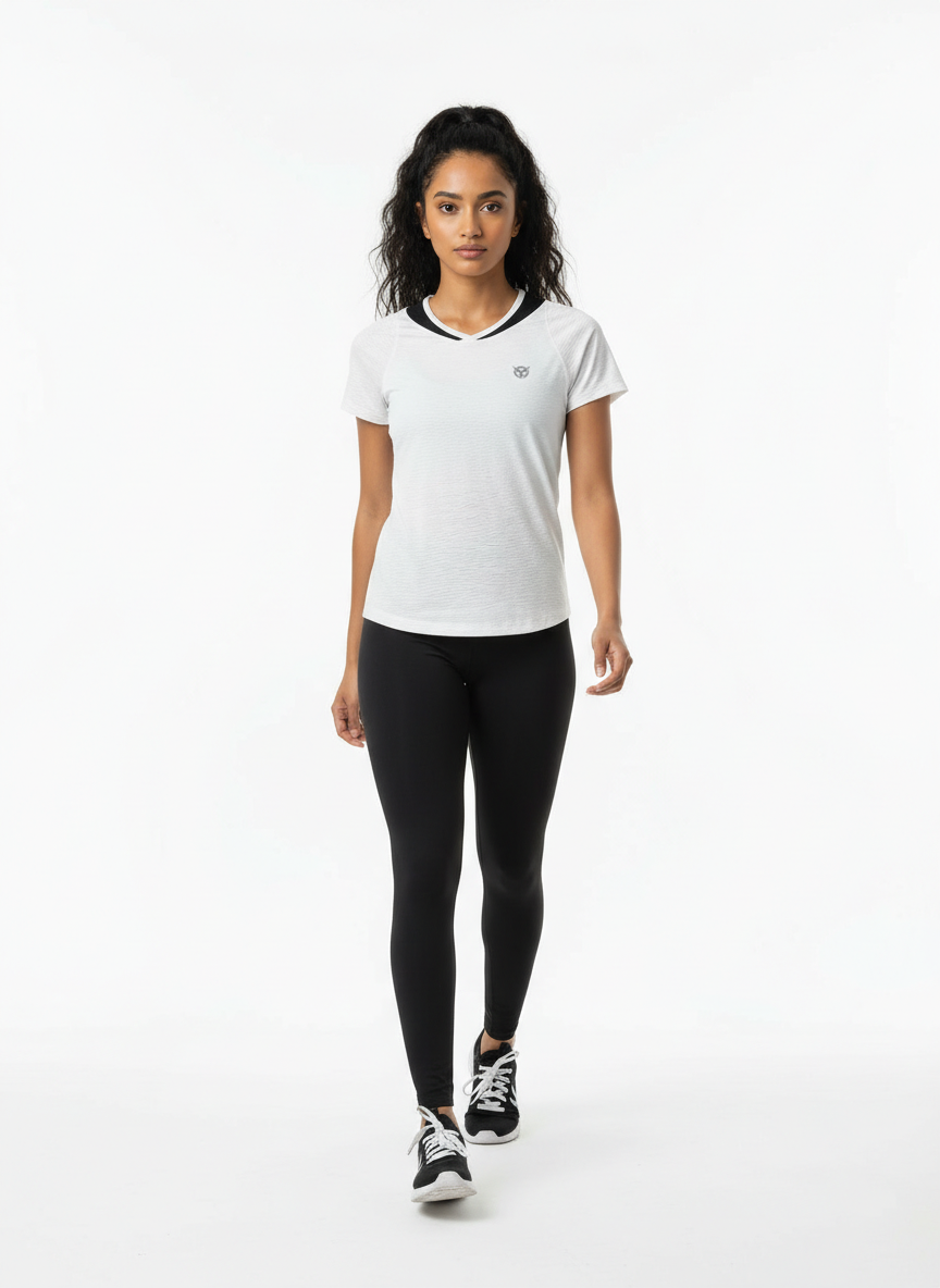 Women’s White Textured Athletic Short Sleeve Top – Black Trim Detail