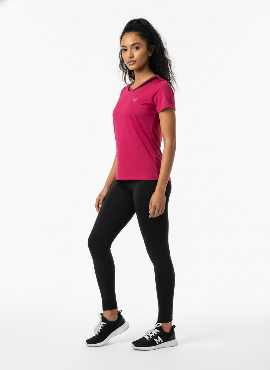 Women’s Deep Pink V-Neck Athletic T-Shirt with Contrast Neck Panel