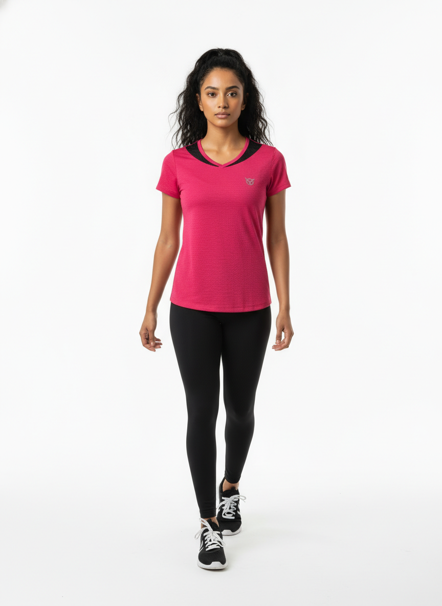 Women’s Deep Pink V-Neck Athletic T-Shirt with Contrast Neck Panel