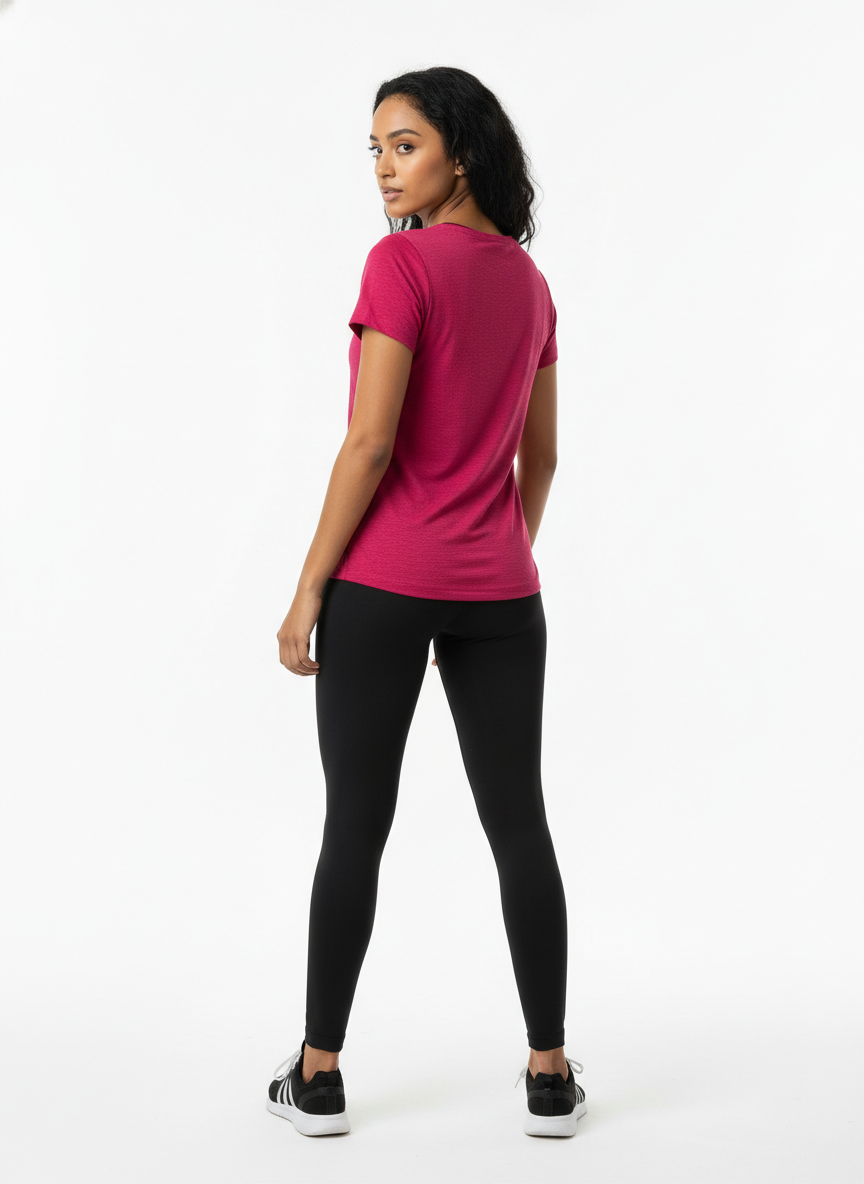 Women’s Deep Pink V-Neck Athletic T-Shirt with Contrast Neck Panel