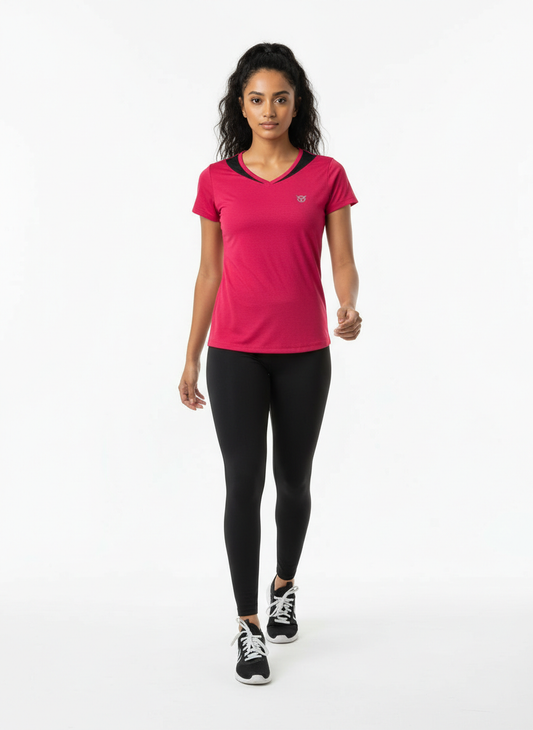 Women’s Deep Pink V-Neck Athletic T-Shirt with Contrast Neck Panel