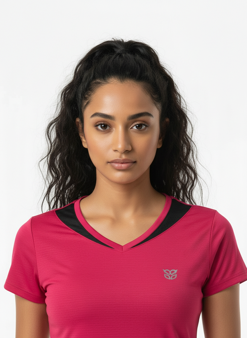 Women’s Deep Pink V-Neck Athletic T-Shirt with Contrast Neck Panel