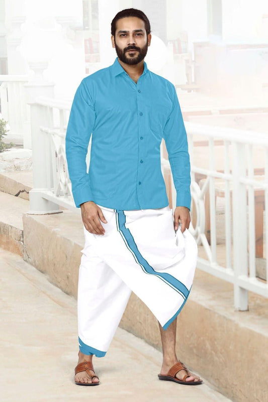Mens Double Layer-Sky Blue Dhoti and Shirt Set Price