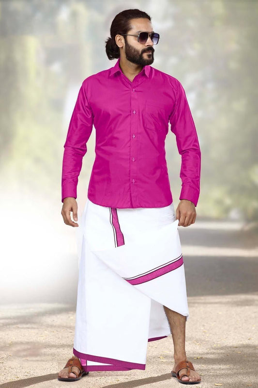Mens Double Layer Pink Dhoti and Shirt