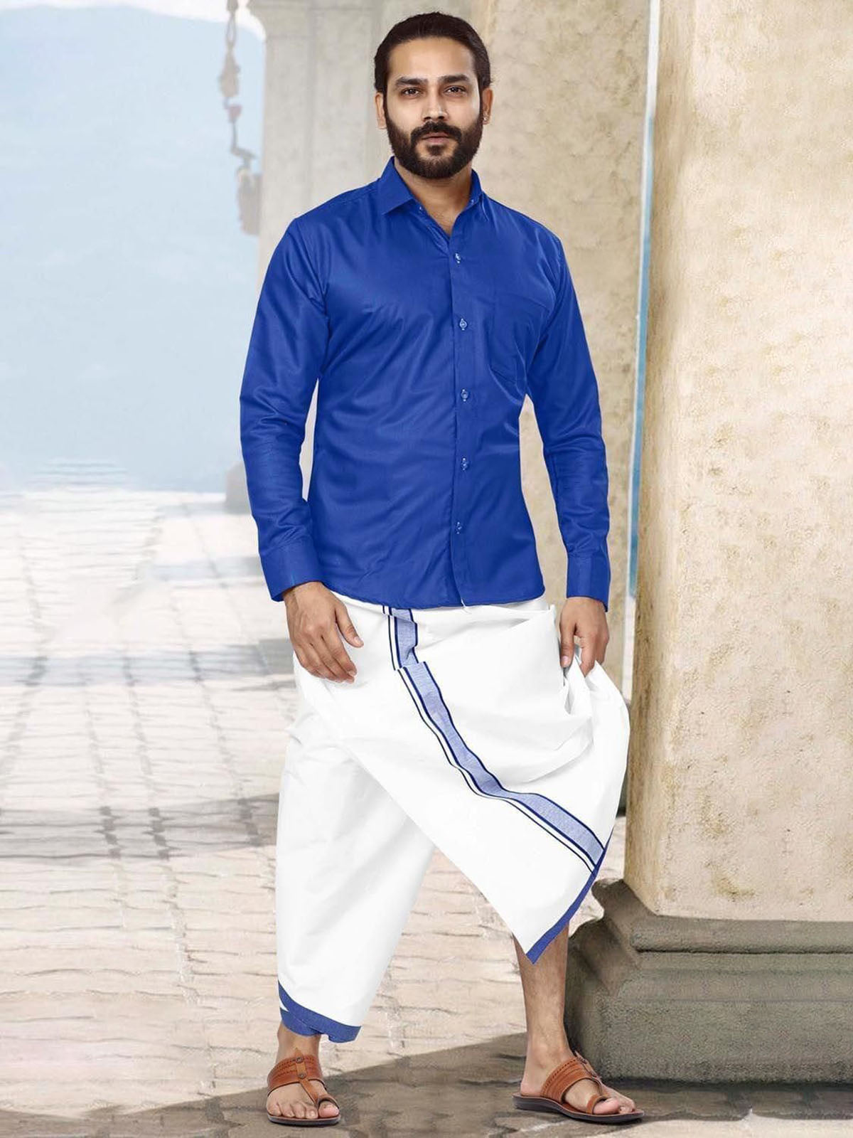 Men Dhoti Set-Blue