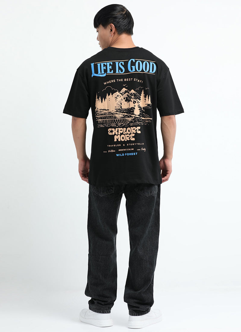 LIFE IS GOOD Oversized Cotton Printed T-Shirt Carbon Black